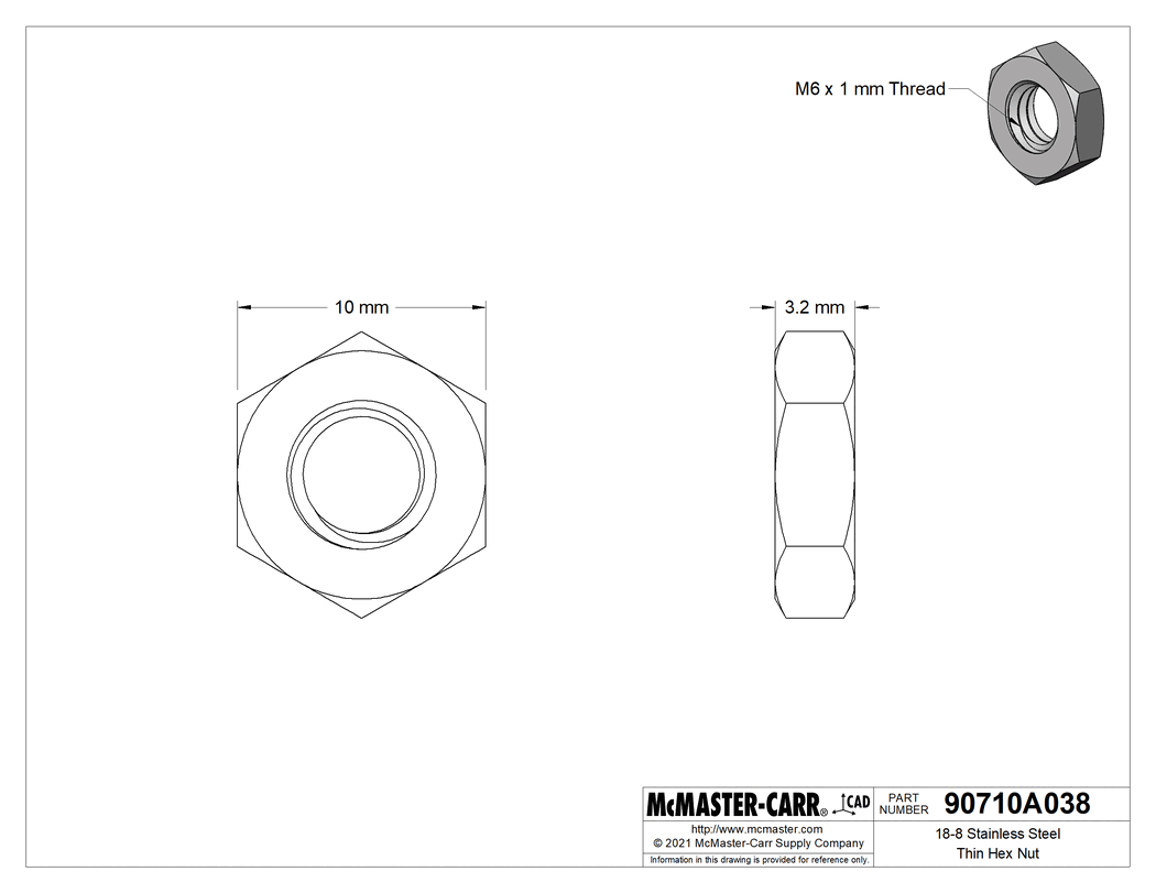 18-8 Stainless Steel Thin-Profile Hex Nut M6 x 1 mm Thread