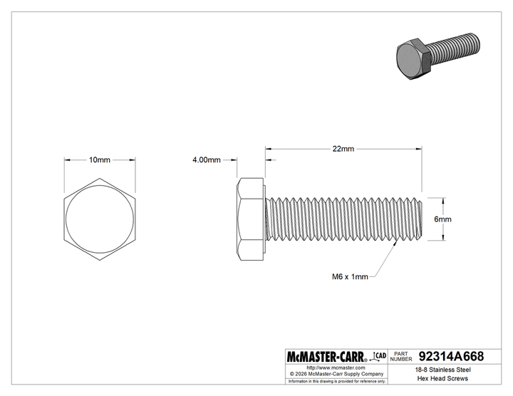 18-8 Stainless Steel Hex Head Screws, M6 x 1 mm Thread, 20 mm Long
